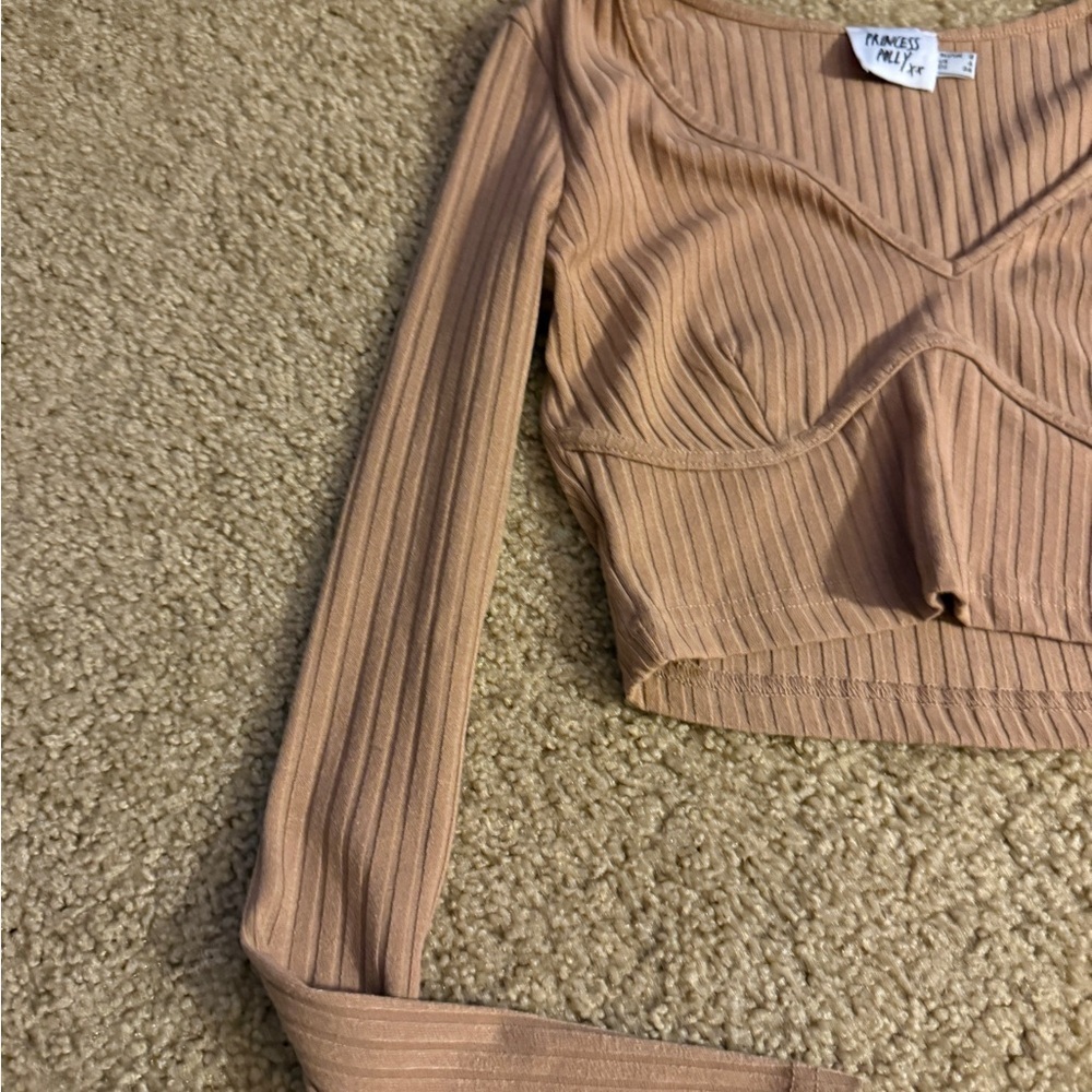 Princess Polly Beige Ribbed Long Sleeve Crop Top - Picture 2 of 5